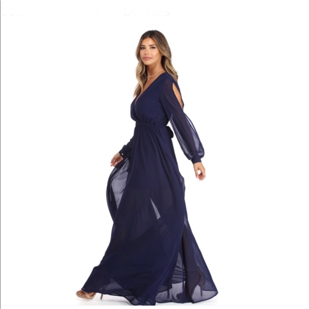 Audrina Navy Long Sleeve Chiffon Dress - Windsor
